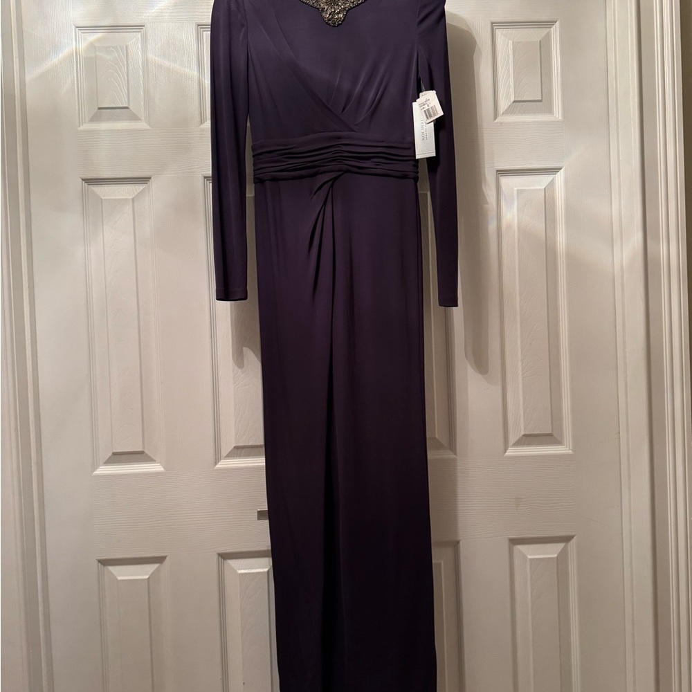 Elegant Long Sleeve Evening Gown in Deep Purple